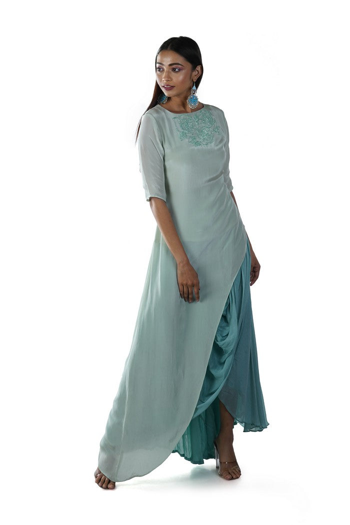 Green Rose Embroidered Asymmetrical Tunic paired with a Draped Skirt
