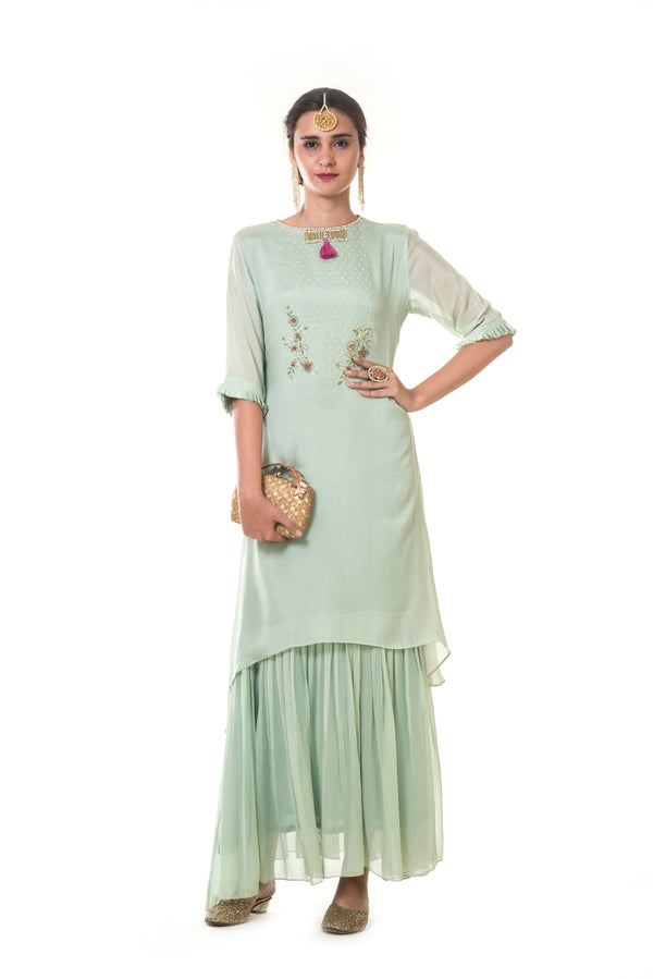 Light Green Hand Embroidered Double Layer Long Tunic with a Tasseled Neckline