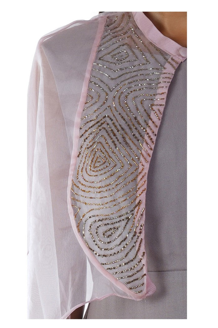 Grey Draped Gown with a Pink Pipe Work Embroidered Cape