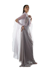 Grey Draped Gown with a Pink Pipe Work Embroidered Cape