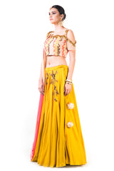Mustard Yellow Lehenga With An Embroidered Beige Blouse And Shaded Dupatta
