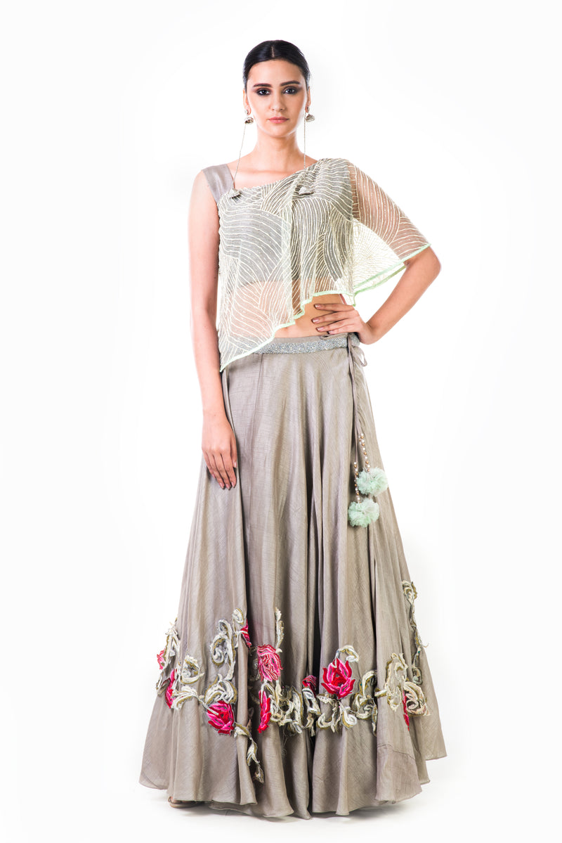One Shoulder Cape Style Blouse And Embroidered Lehenga