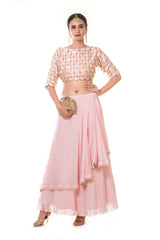 Pink Heavy Scallop Embroidered Blouse with Double Layer Skirt