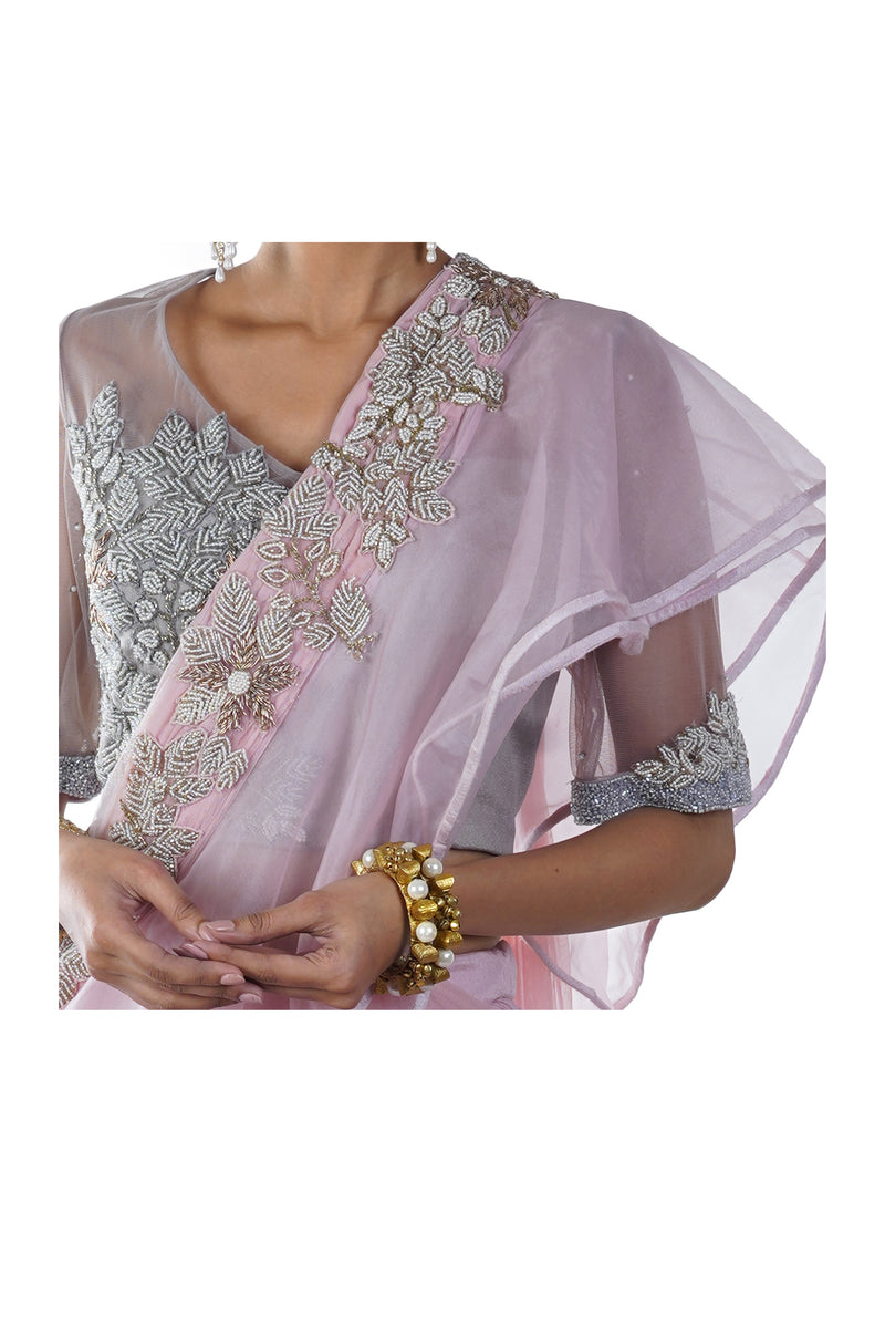 Grey Hand Embroidered Blouse with a Blush Pink Double Layer Ruffles Draped Dupatta & Pleated Lehenga