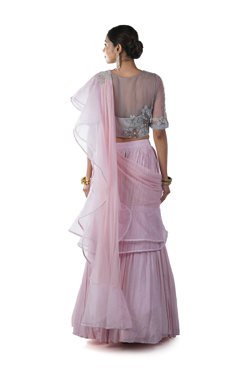 Grey Hand Embroidered Blouse with a Blush Pink Double Layer Ruffles Draped Dupatta & Pleated Lehenga