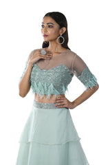 Sea Green Feather & Pearls Hand Embroidered Blouse with a 5 Layer Lehenga