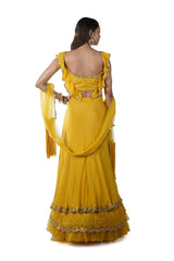 Mustard Yellow Mirror Embroidery Blouse paired with a Double Layered Ruffle Lehenga & Dupatta