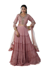 Rose Gold Hand Embroidered Blouse paired with a Ruffle Lehenga & Pleated Dupatta