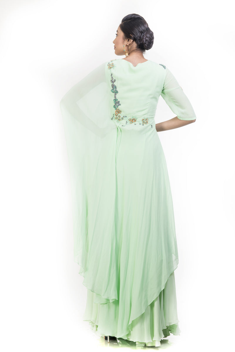 Pebble Green Embellished Gown With Attached Dupatta – SeemaThukral