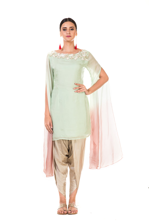 Hand Embroidered Green & Dusty Pink Shaded Long Sleeve Tunic with Dhoti Pants