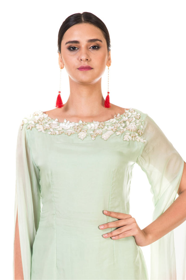 Hand Embroidered Green & Dusty Pink Shaded Long Sleeve Tunic with Dhoti Pants