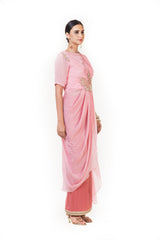 Pink Cord Embroidered Indowestern Draped Top with Palazzo Pants