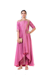 Pink High Low Embroidered Salwar Suit Set & Straight Pants