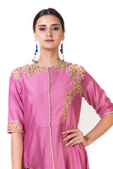 Pink High Low Embroidered Salwar Suit Set & Straight Pants