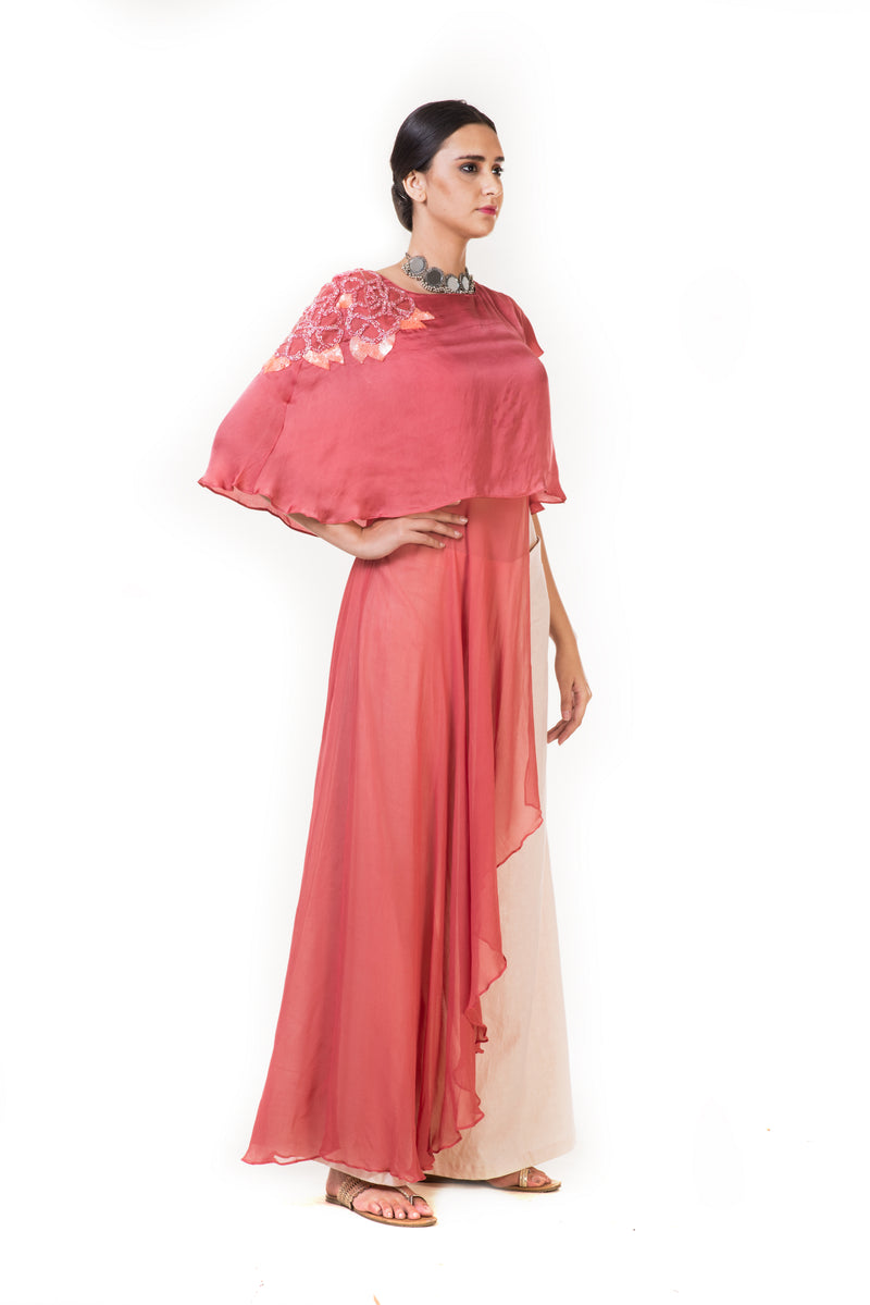 Rust Pink Embroidered Long Short Layered Indowestern Cape Top with Palazzo Pants
