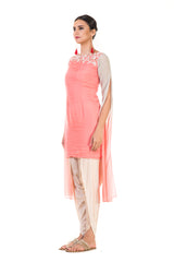 Hand Embroidered Pink & Aqua Long Sleeve Tunic with Dhoti Pants