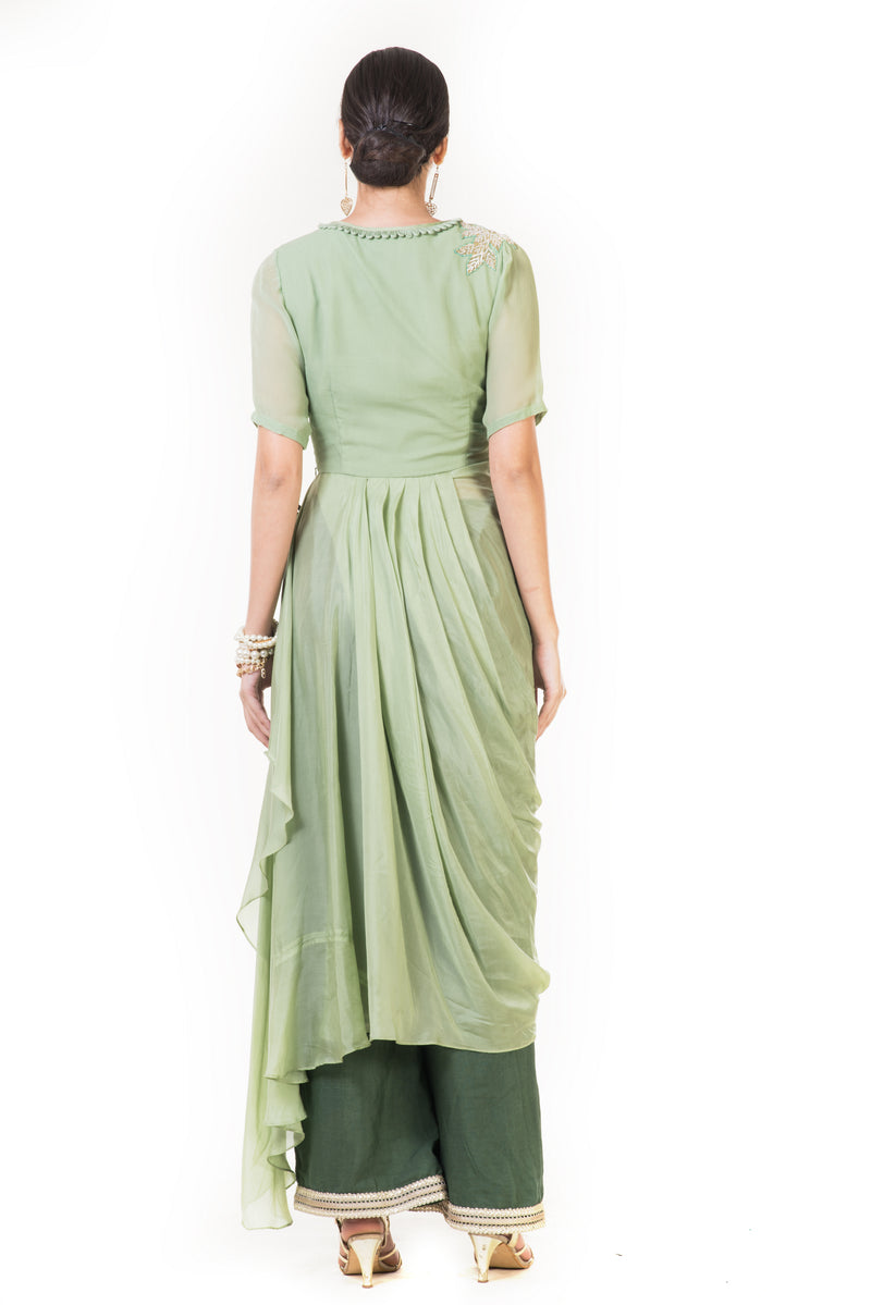 Green Cord Embroidered Indowestern Draped Top with Palazzo Pants