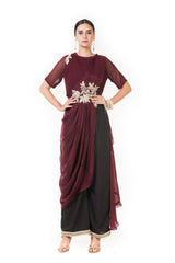 Wine Cord Embroidered Indowestern Draped Top with Palazzo Pants