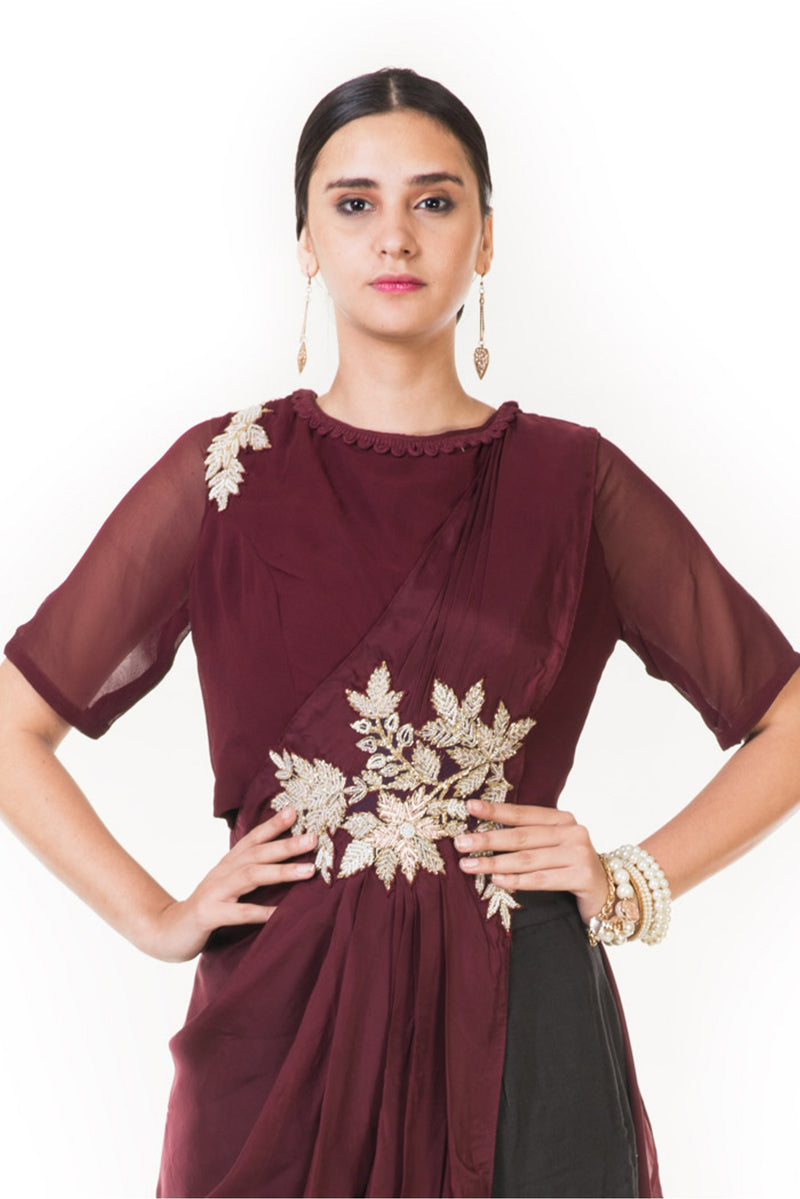 Wine Cord Embroidered Indowestern Draped Top with Palazzo Pants