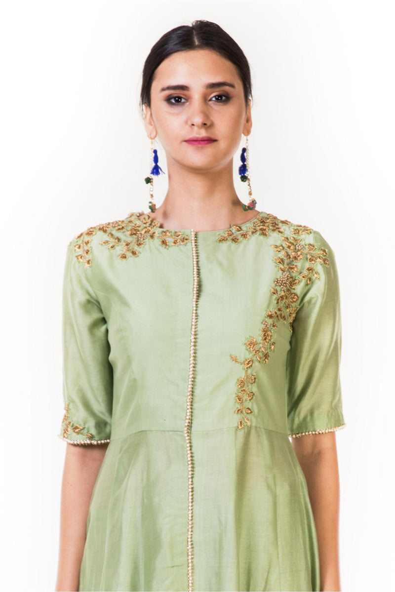 Green High Low Embroidered Salwar Suit & Straight Pants