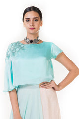 Light Blue Embroidered Long Short Layered Indowestern Cape Top with Palazzo Pants