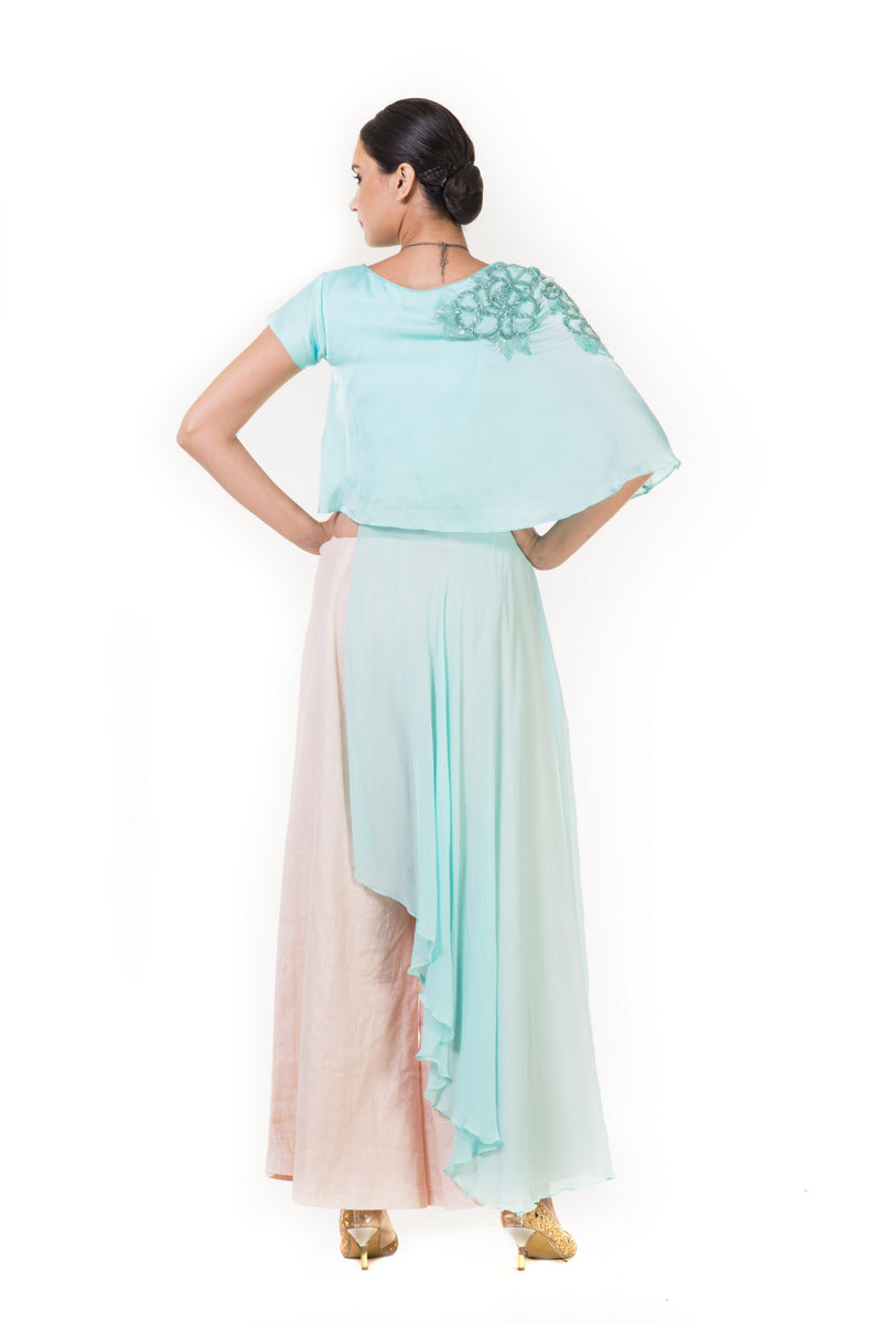 Light Blue Embroidered Long Short Layered Indowestern Cape Top with Palazzo Pants