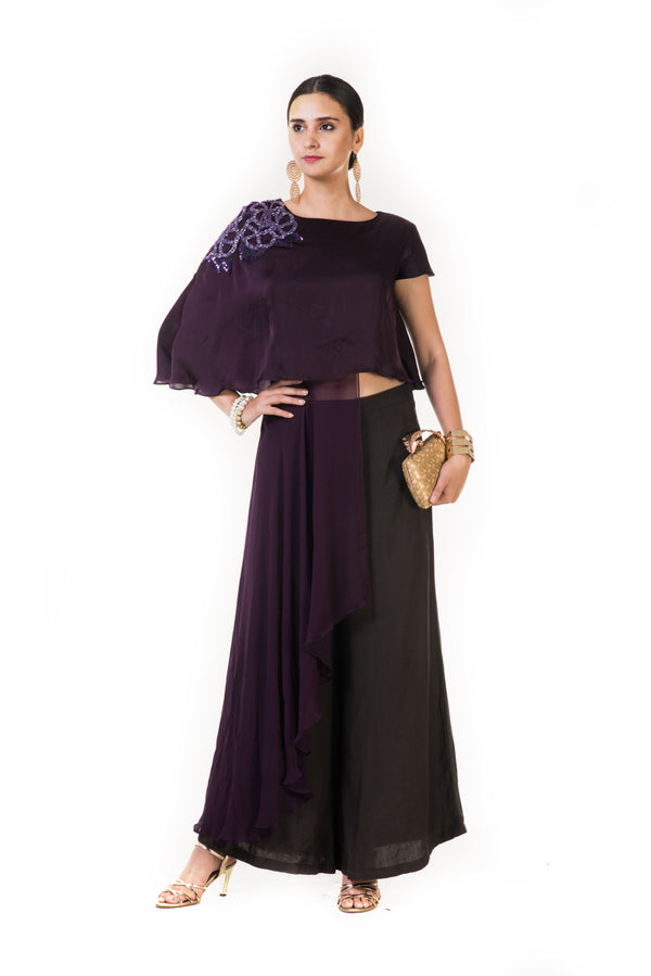 Plum Embroidered Asymmetrical Layered Indowestern Cape Top with Palazzo Pants