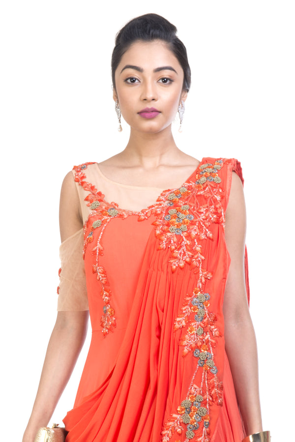 Tangerine Saree Drape Gown