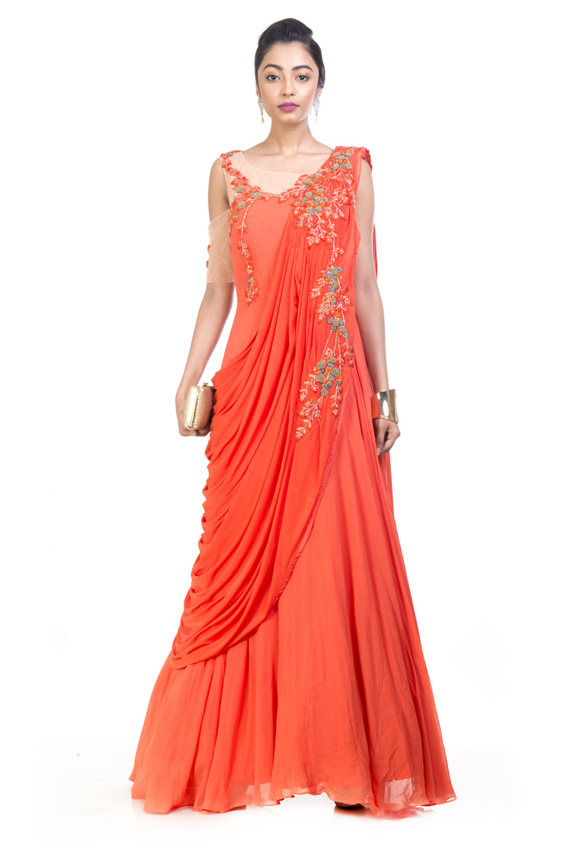 Tangerine Saree Drape Gown