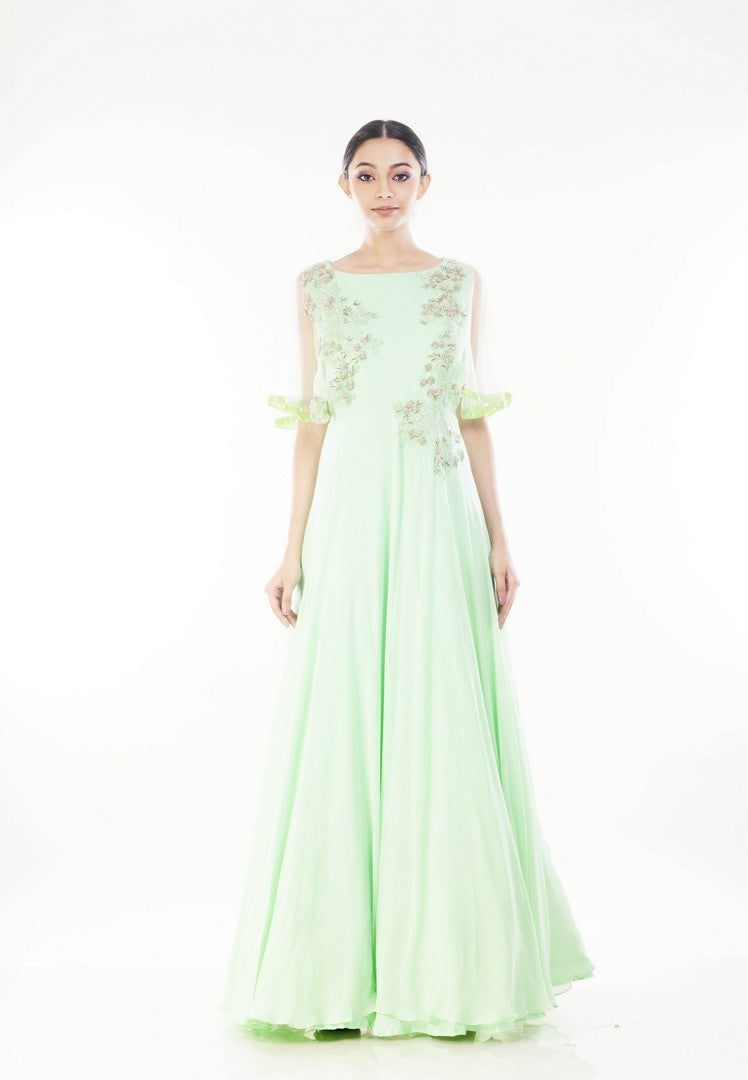 Pistaccio Green Cape Sleeves Gown