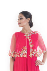 Rani Pink Floral Embroidery Cape Gown