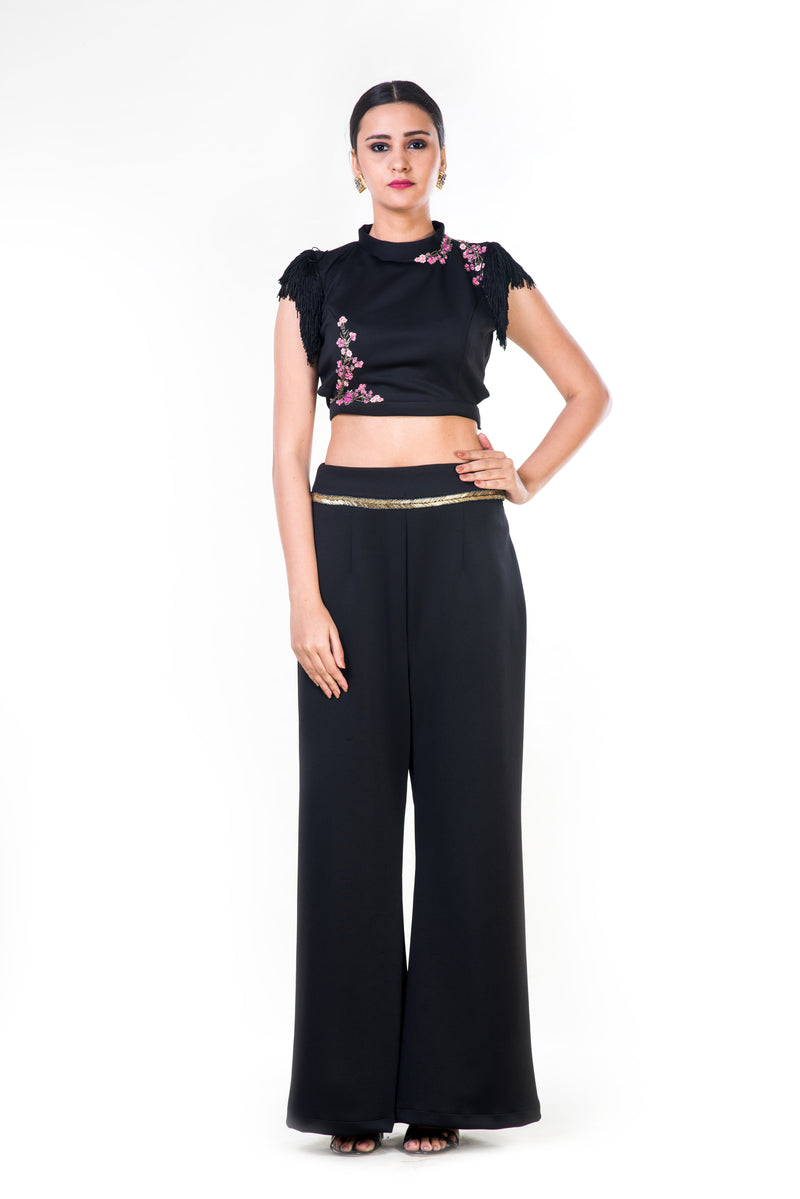 Fringed Black Crop Top paired with Flared Pants