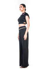 Fringed Black Crop Top paired with Flared Pants