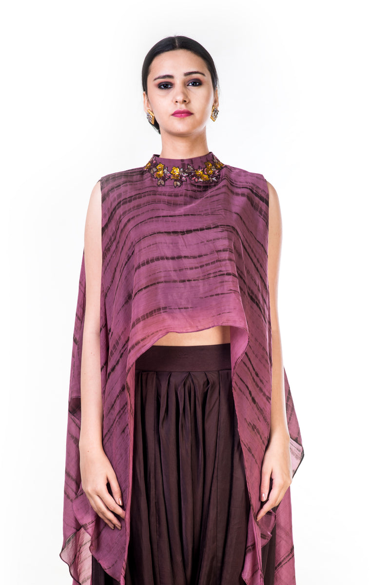 Marble Dyed High Low Cape Crop Top with Brown Harrem Pant