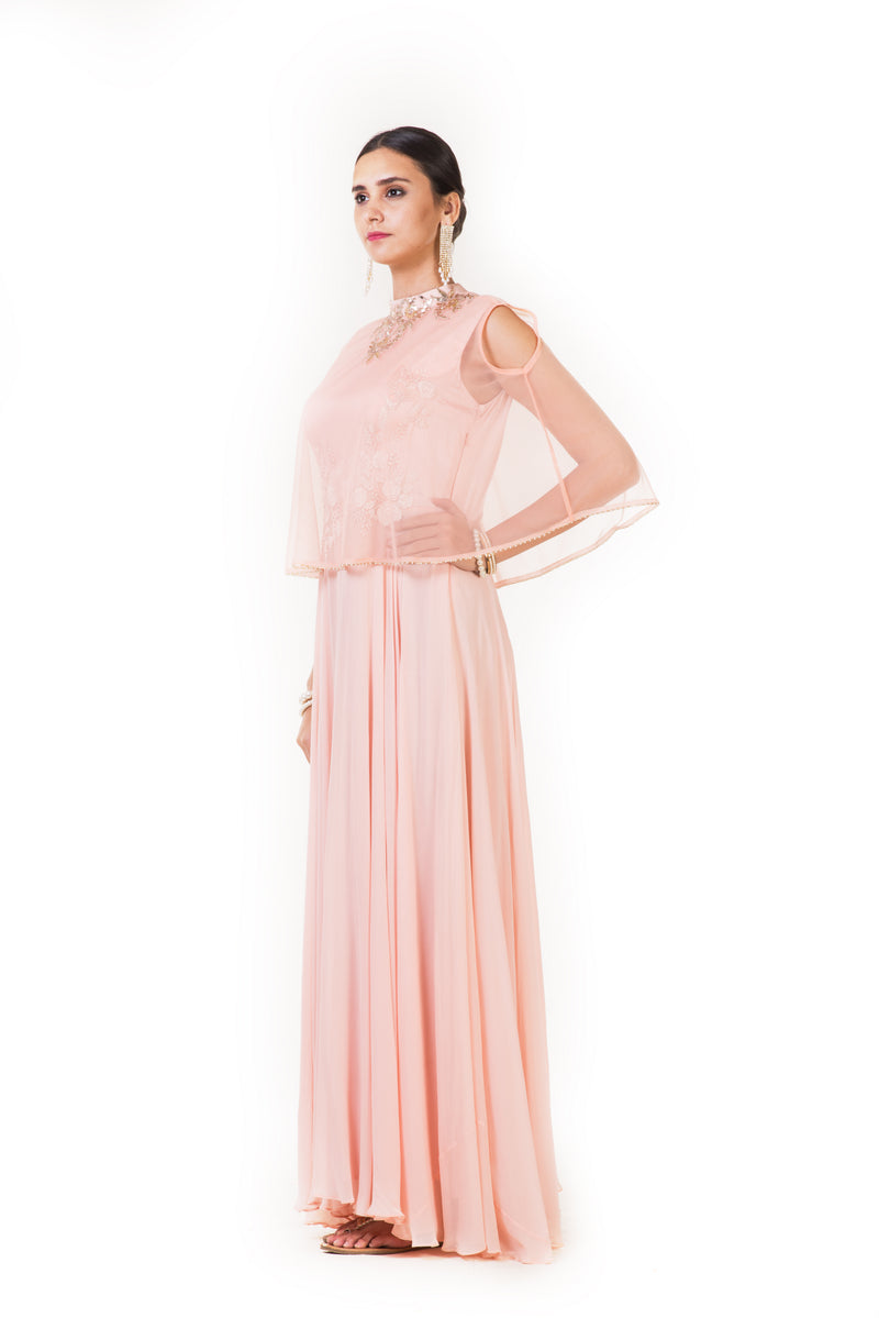 Peach Hand Embroidered Cape Gown with Cold Shoulder