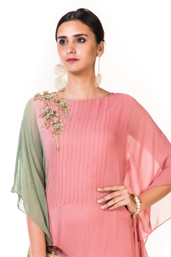 Pink & Green Shaded Kaftan Drape Gown with Floral Embroidery