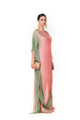Pink & Green Shaded Kaftan Drape Gown with Floral Embroidery