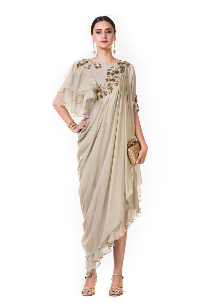 Hand Embroidered Beige Draped Indowestern Dress With One Side Ruffles