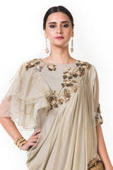 Hand Embroidered Beige Draped Indowestern Dress With One Side Ruffles