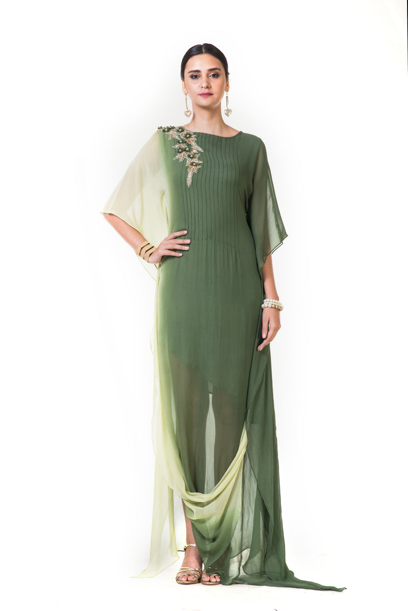 Lemon & Green Shaded Kaftan Drape Gown with Floral Embroidery