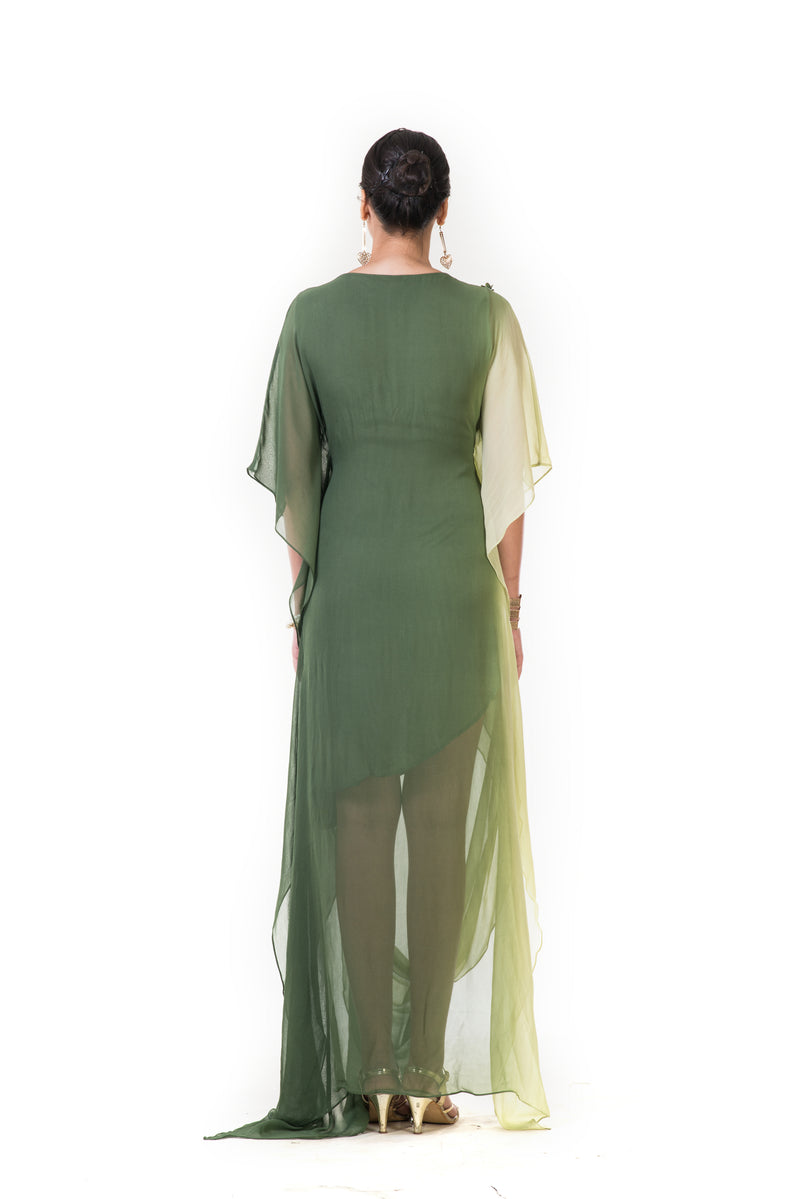 Lemon & Green Shaded Kaftan Drape Gown with Floral Embroidery