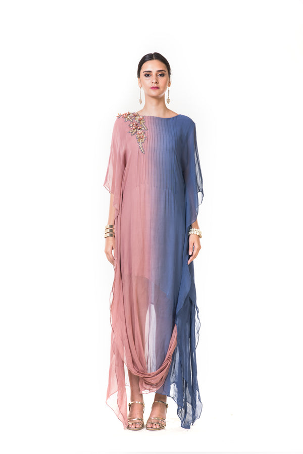 Pink & Blue Shaded Kaftan Drape Gown with Floral Embroidery