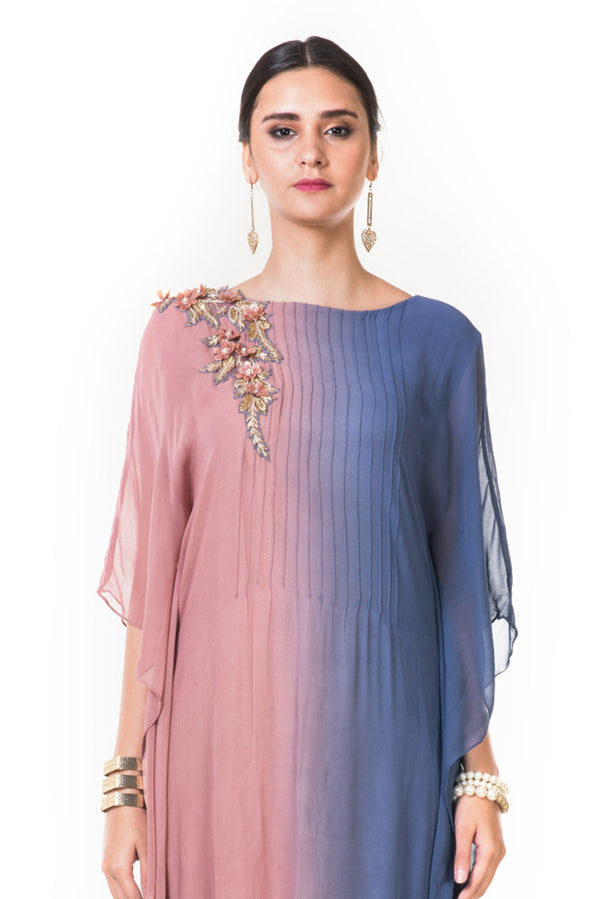 Pink & Blue Shaded Kaftan Drape Gown with Floral Embroidery