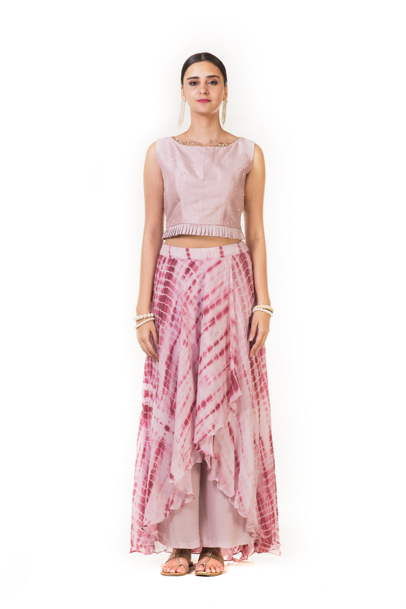 Onion Pink Pleated Blouse & Tie & Dye Crop Top & Skirt with Attached Pants.