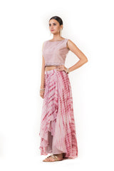 Onion Pink Pleated Blouse & Tie & Dye Crop Top & Skirt with Attached Pants.