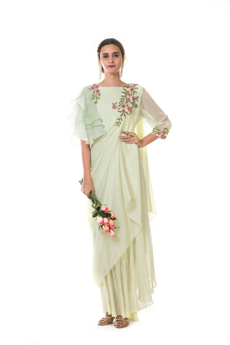 Mint Green Floral Hand Embroidered Draped Gown With Ruffle Sleeves