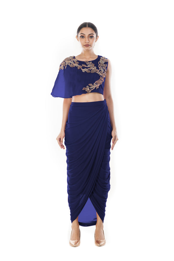Navy Blue Bandeau Crop Top and Dhoti Skirt