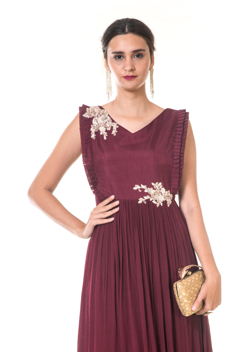 Maroon Hand Embroidered Frill Yoke Pleated Gown