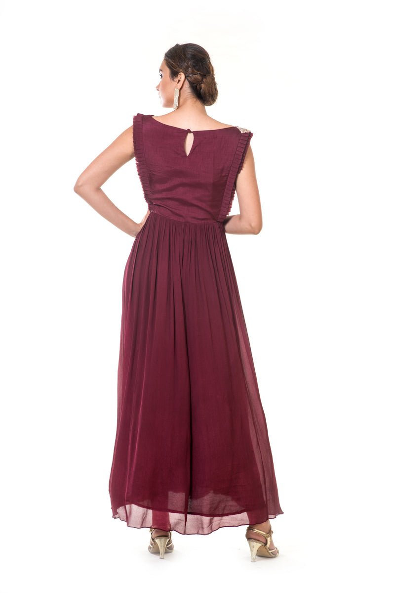 Maroon Hand Embroidered Frill Yoke Pleated Gown