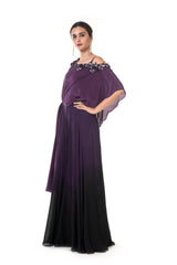 Plum Hand Embroidered One Sided Cape Tie-knot Jumpsuit with Shaded Black & Plum Bottom